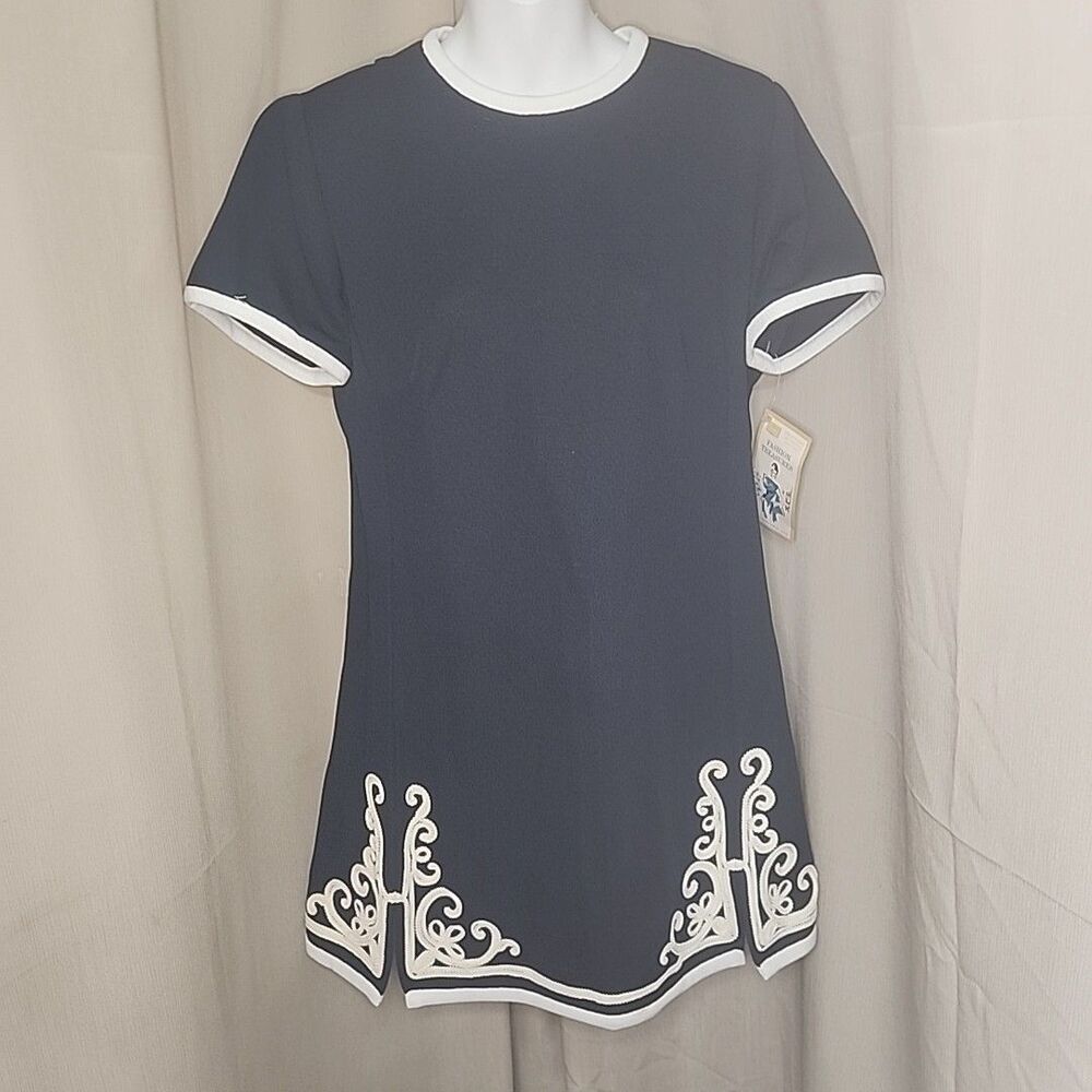 Dress Tunic Navy Blue White Trim scrollwork at Hem Sears Fashions Sz 14 Vintage